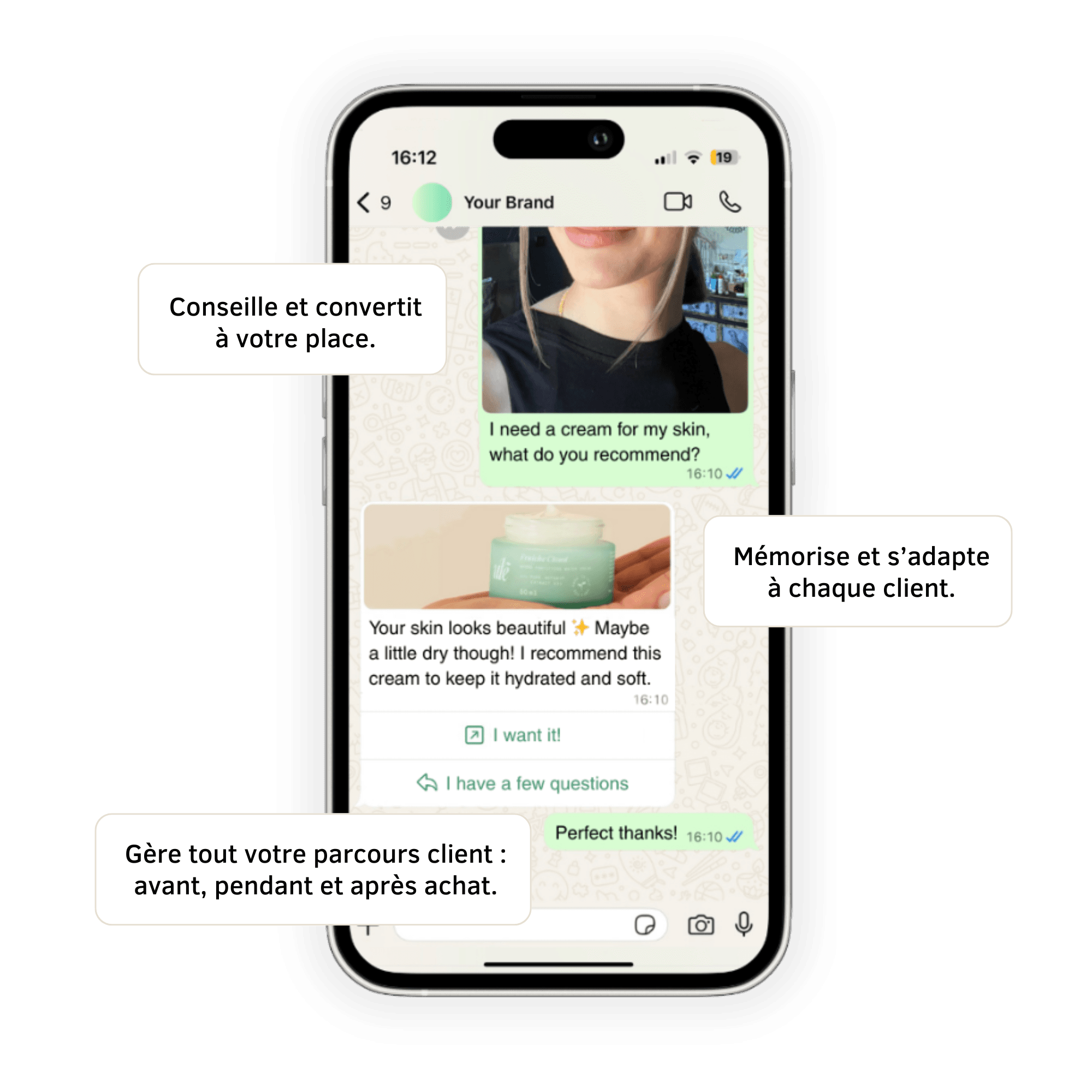 Curately Personal Shopper IA - Conversation WhatsApp avec un client